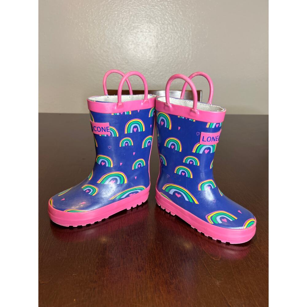 Lone Cone Kids Rain Boots Rainbow Print Navy Pink Rubber ~ Size 7 - Picture 2 of 6